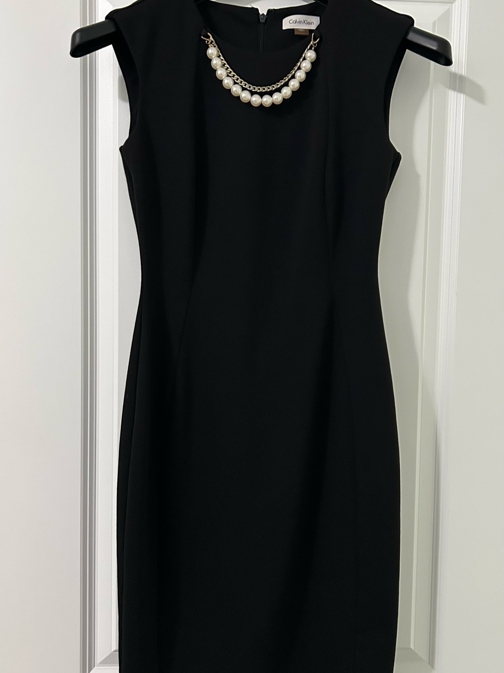 Calvin Klein Black Sheath Dress with Pearl and Chain Accent size 2